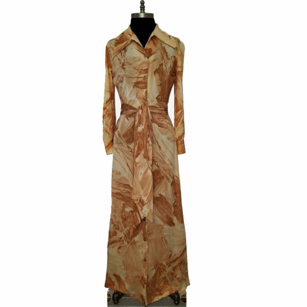 Vtg 70s Button Front Maxi Shirt Dress 8 XS